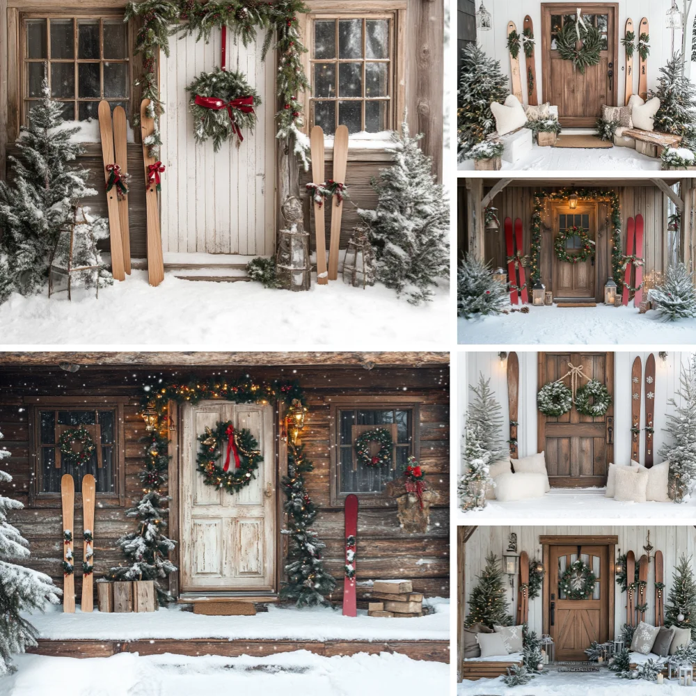 

Christmas Front Door Background Photography Xmas Tree Wreath Wooden Box Sleigh Snowy Backdrop Winter Kid Photo Studio