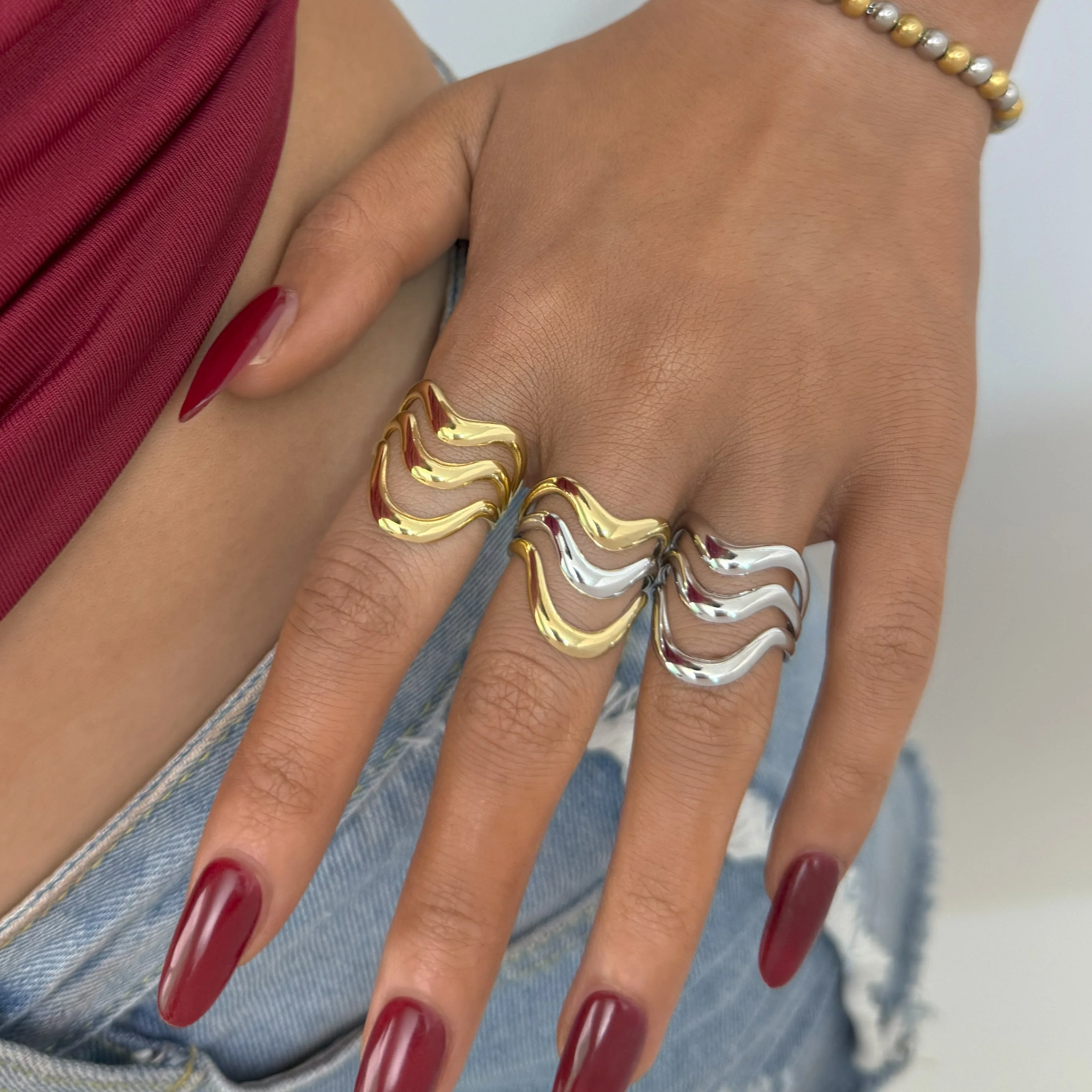 Anéis geométricos lineares minimalistas de dois tons, aço inoxidável, oco, irregular, empilhável, acessórios femininos, presente de festa