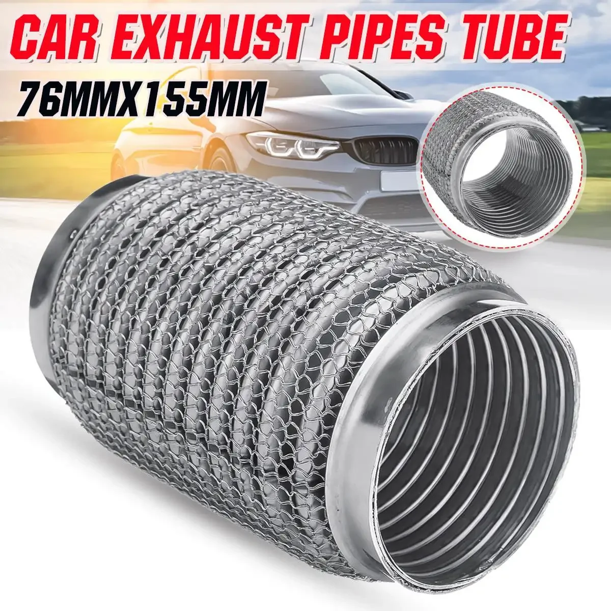 1/2pcs 155x76mm Stainless Steel Exhaust Flex Pipe Dual Layer Flexible Muffler Tip Exhaust Tube w/Interlock Universal