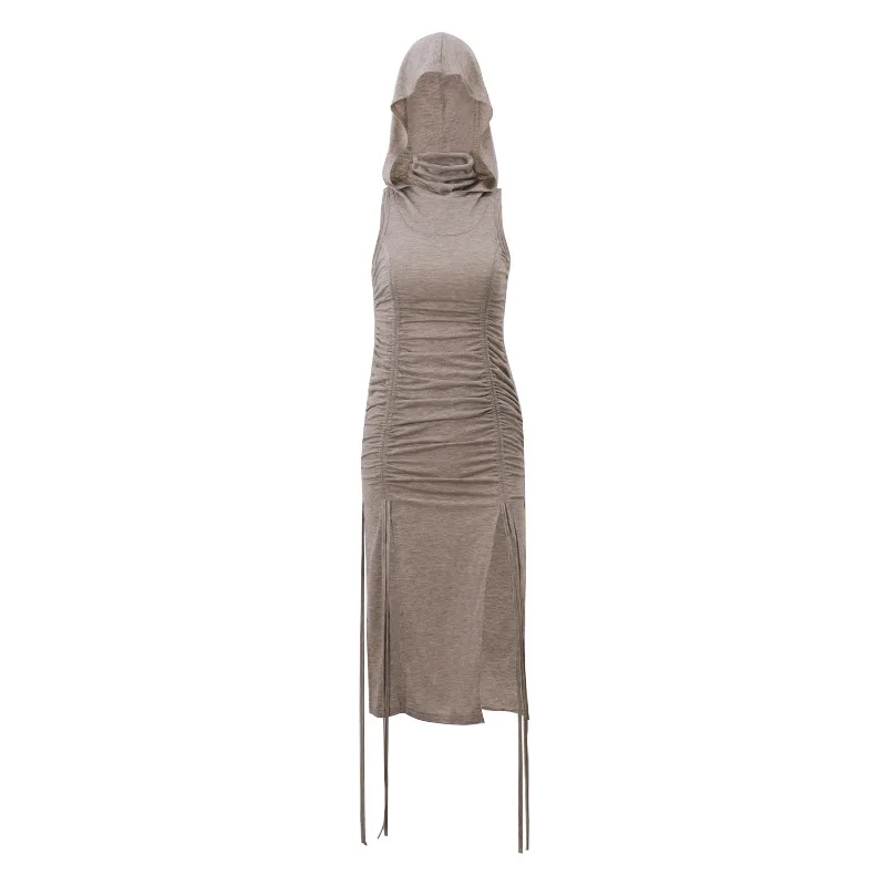 

Summer Vintage High Slit Hood Dress Waist Shirred Women Sleeveless Sexy Ruched Mini Sheath Dress Boho Holiday Robe For Lady