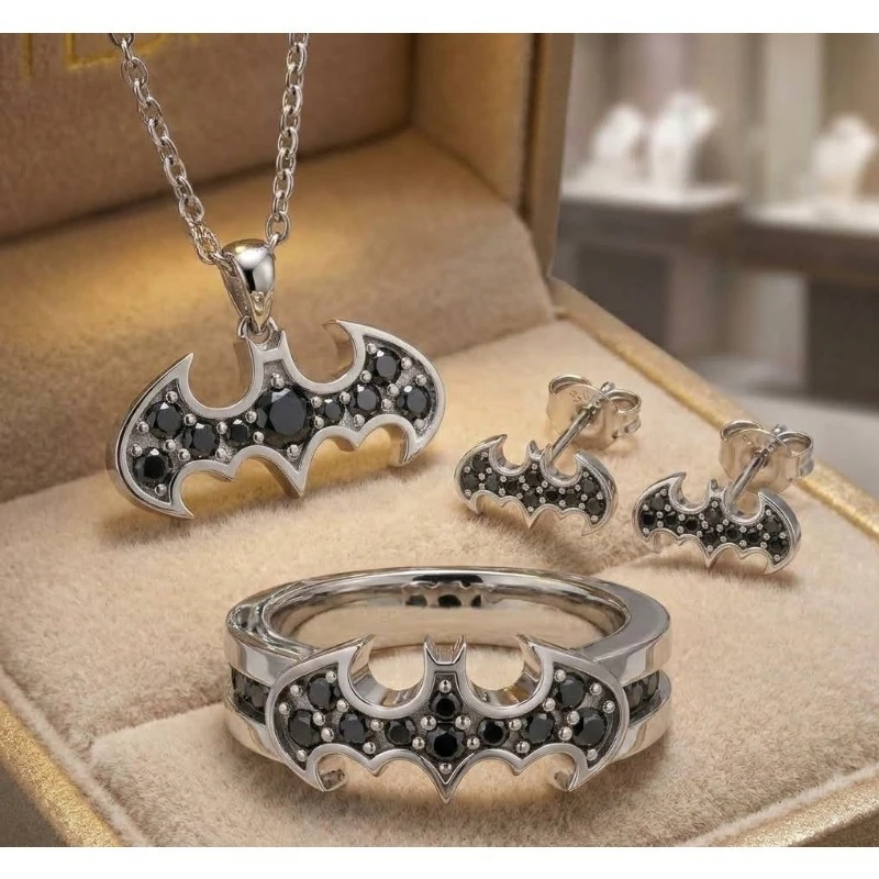 Black Moissanite Bat Jewelry Set 925 Silver Engagement Ring Pendant Earrings - Gothic Wedding Accessories Set