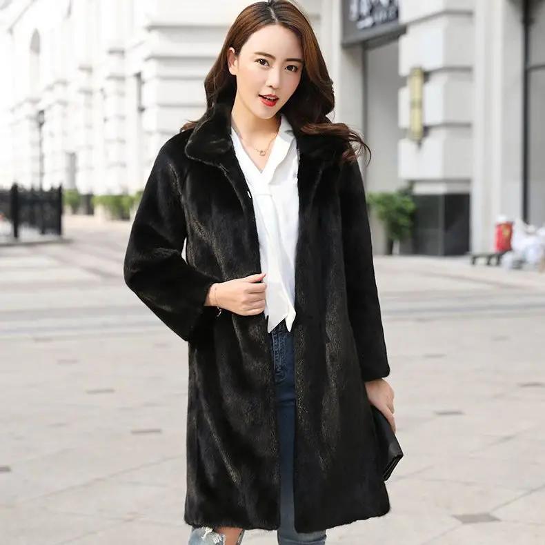 Mink Coat Women's Whole Mink Imitation Fur Coat New High-end Mink Fur Medium Long Style Stand Up Collar Haining Fur Coat