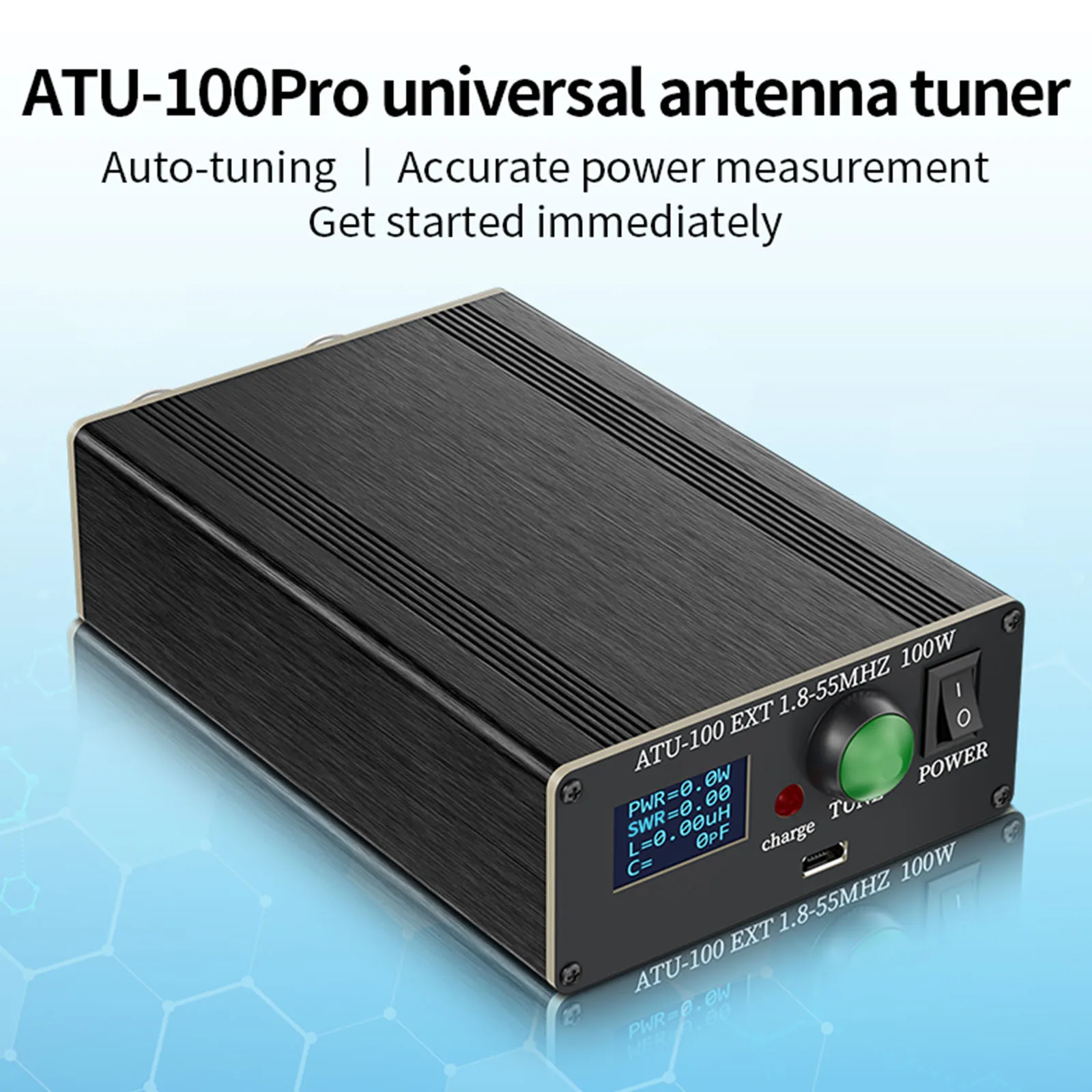 ATU-100 Pro+ Automatic Antenna Tuner 1.8-55MHz Rechargeable Antennas Tuners 0.96 Inch Display Tuning Unit USB Charging Interface