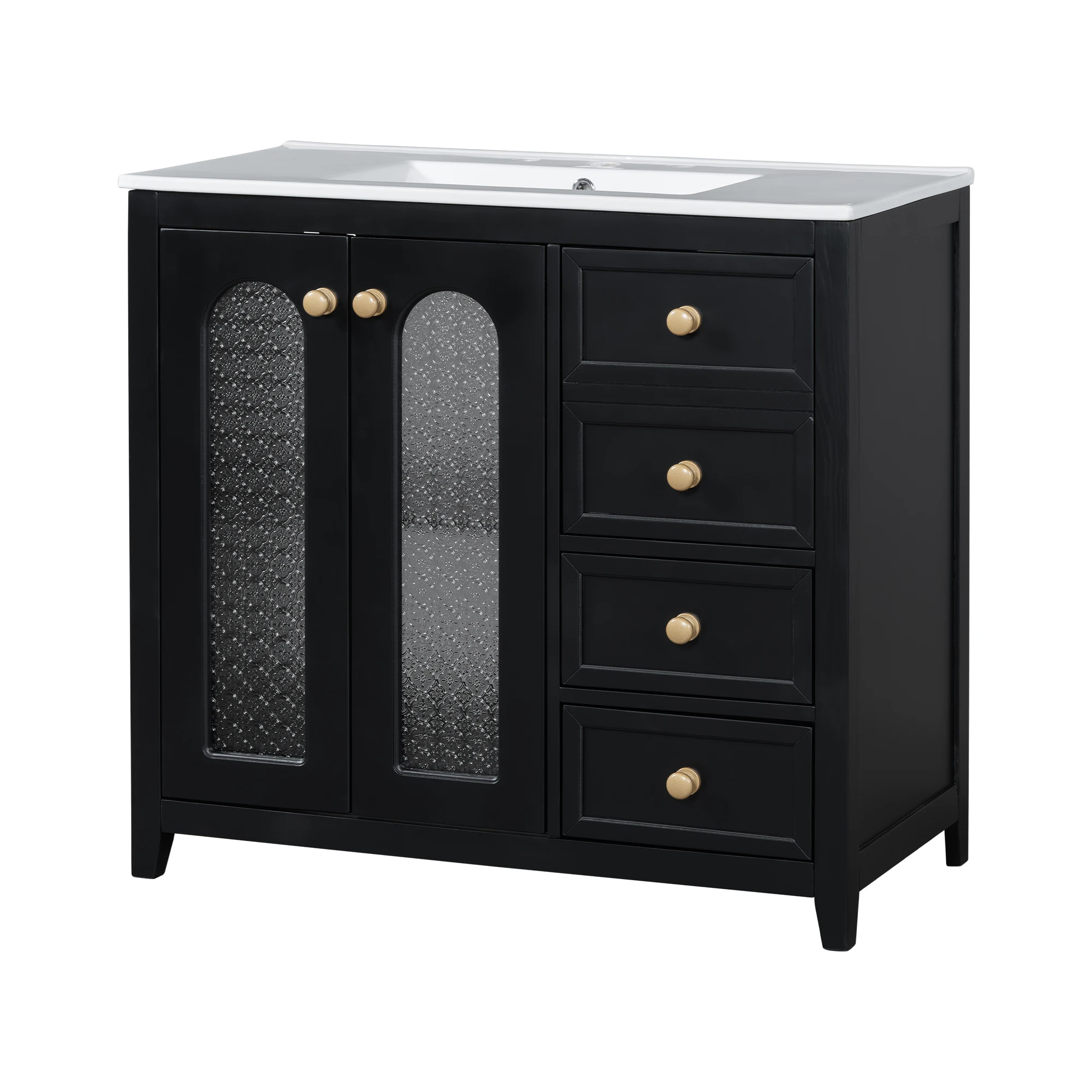 36-inch bathroom vanity with two soft close doors, adjustable shelves and three drawers