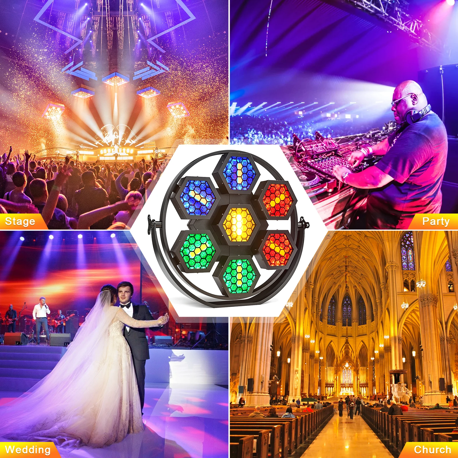 DayFlicker 7x50W Retro Light RGBW COB LEDs Lighting High Brightness Uplight DMX512 Sound Activated for Church Concert Wedding