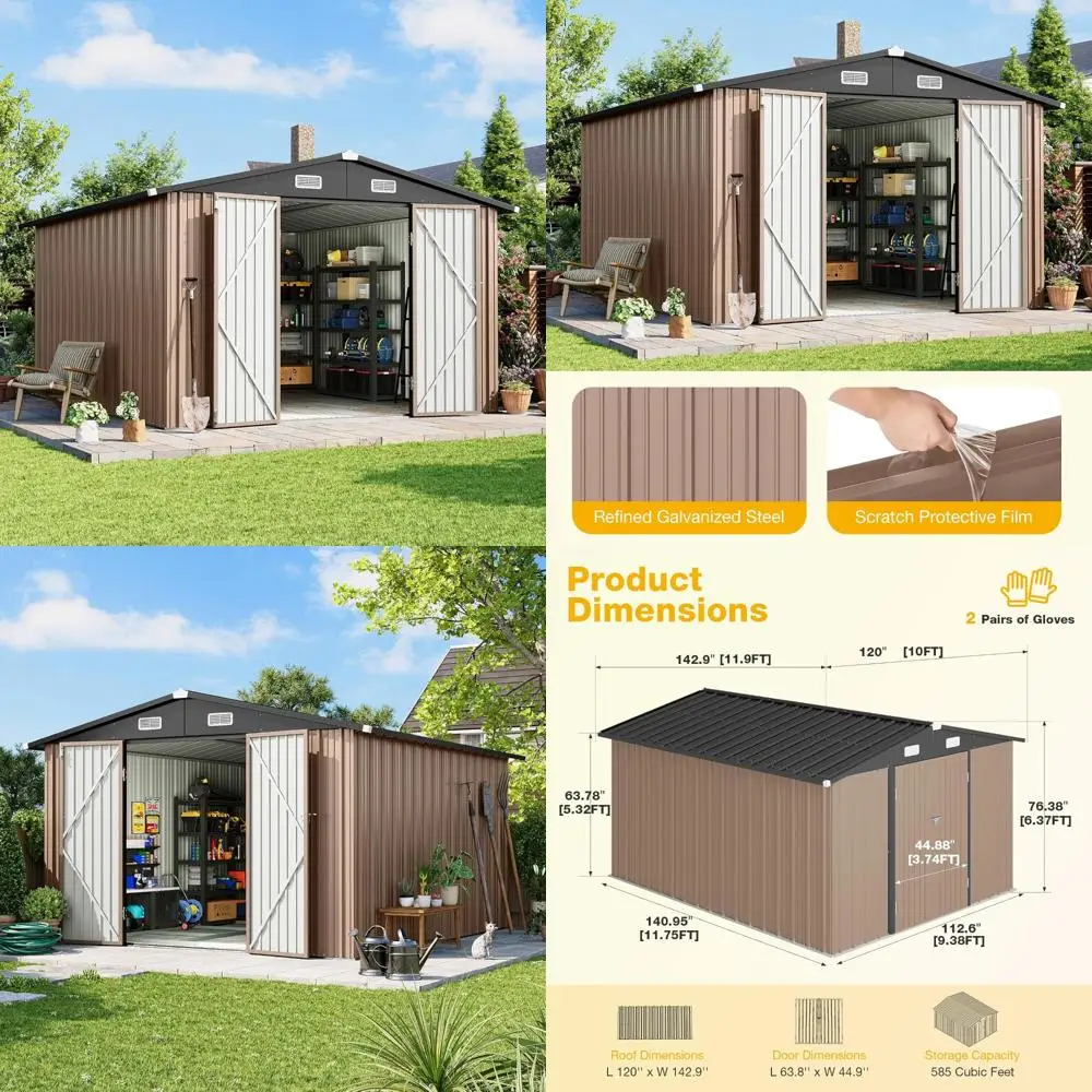 

Сверхмощный сарай из оцинкованной стали для хранения на открытом воздухе - садовый сарай 10x12 футов с запираемыми двойными дверцами для велосипедов, инструментов и генератов