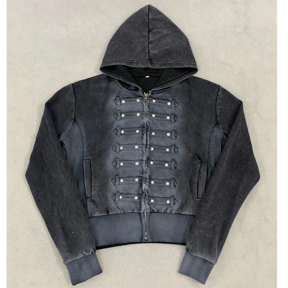 Women's Slim Fit Military Jacket Y2K Style Zip up Coat Dark Academia Stand Collar Washed Black Metal Buttons Streetwear
