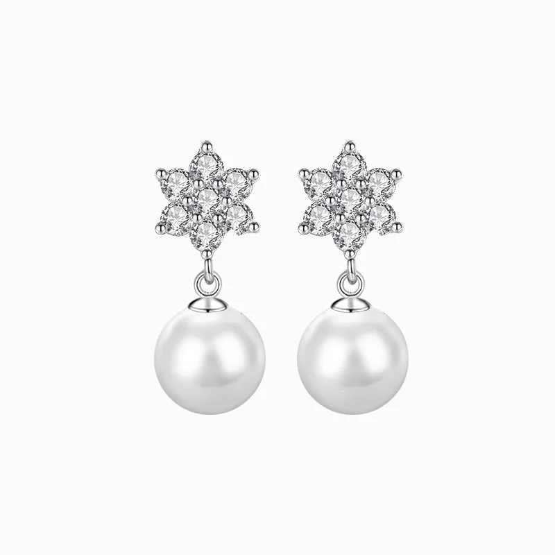 CCFJOYAS 925 Sterling Silver Pearl Drop Earrings for Women Simple Zircon Snowflake Earrings Wedding Party Silver Fine Jewelry