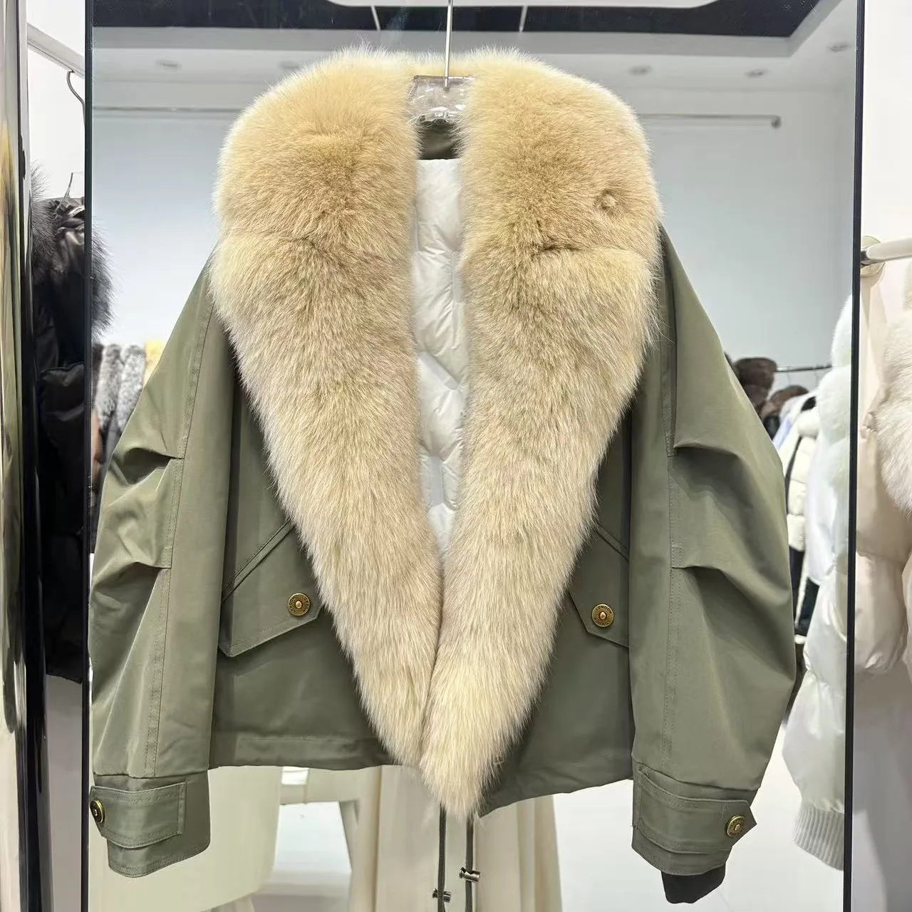

New Women Real Natural Fox Fur Parka Thick Warm Puffer White Down Coat Janveny﻿ Luxury Winter 90% White Duck Down Wool Jacket