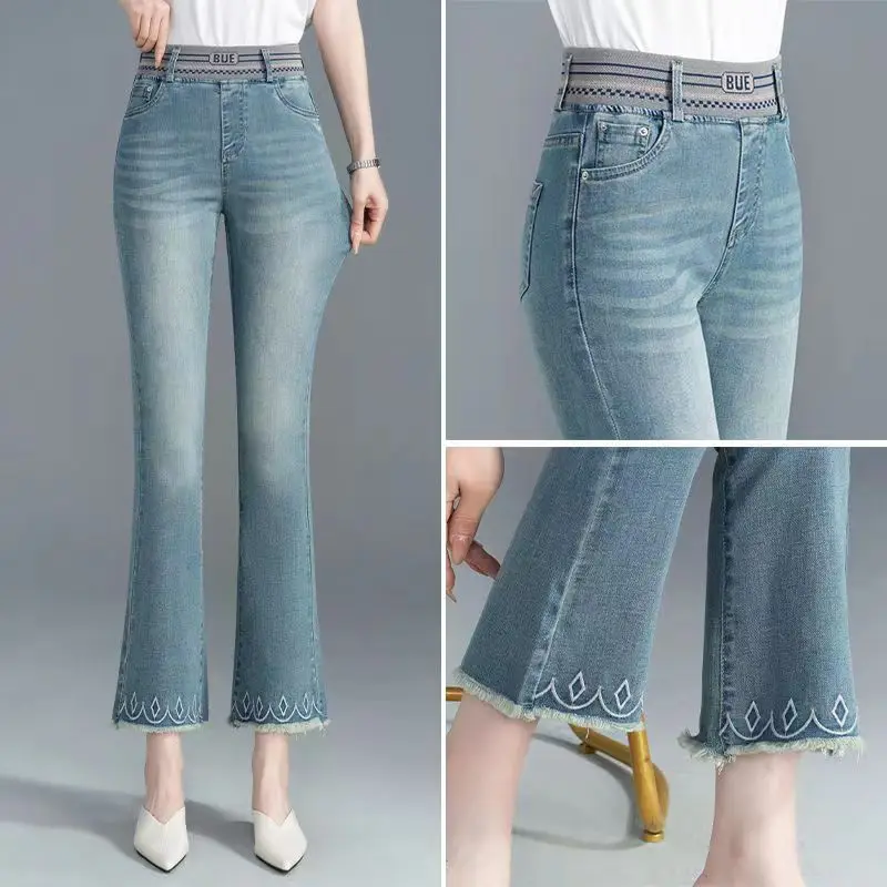 Women\'s Jeans Denim Flare Elastic Band Elastic High Waist Slim Flash Fashion All-match Comfortable Office Lady Washed Pants