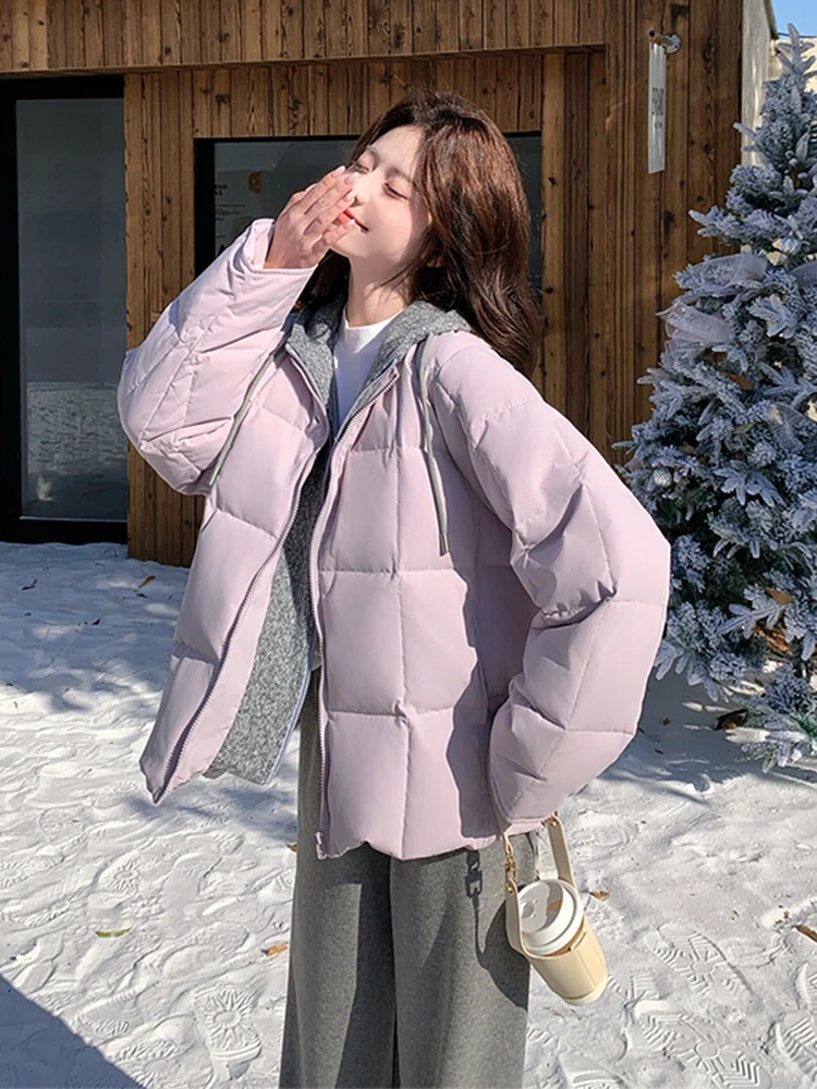 

Faionable Knitted Hooded Fake Two-Piece down Jaet Women's ort Winter Warm Outerwear Casual Loose Fit White Du down