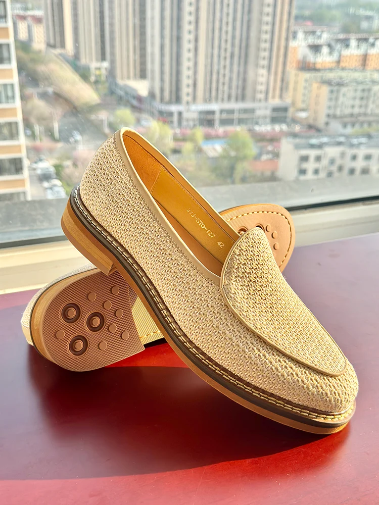

Handwoven Flax St oes Men's Summer Breathable Linen Casual Leather Loers Slip-On round Toe Thi Bot Rubber Outsole