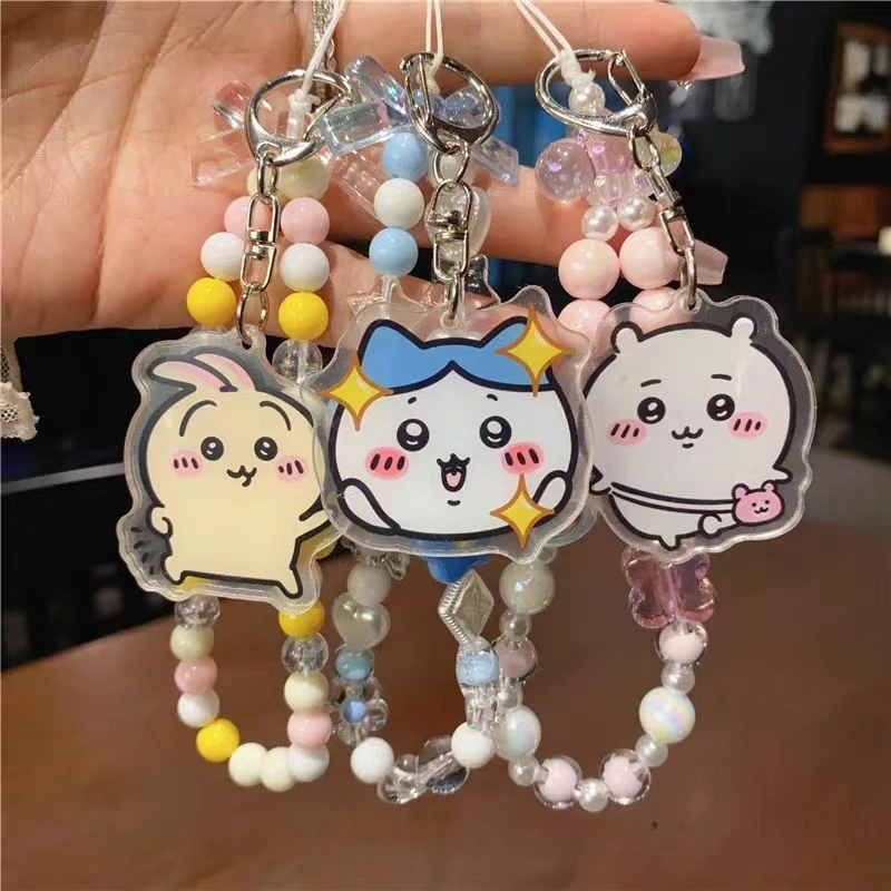 

Chiikawa Acrylic Pendant Keychain with Beads Cute Cartoon Phone Strap for Bags Phones Accessories Kawaii Charm Pendant for Girls