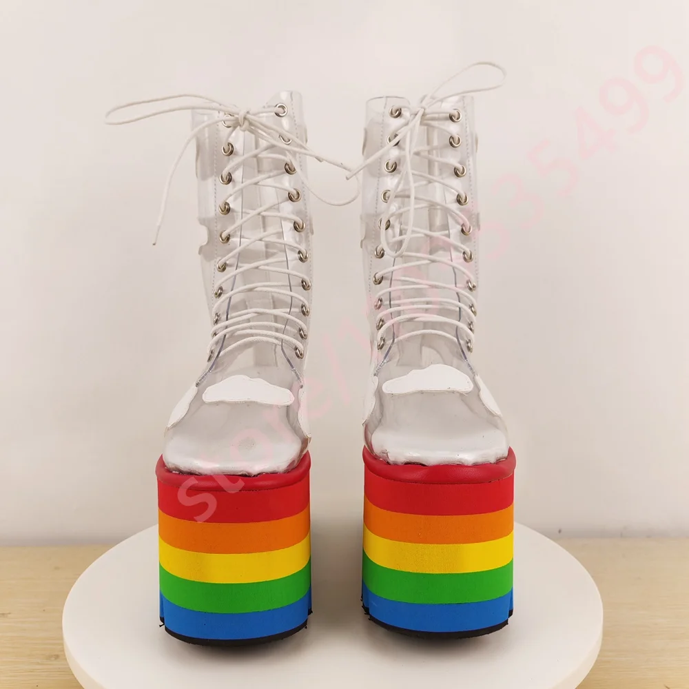 Stivali corti in PVC trasparente con suola spessa arcobaleno 2025 Nuovi stivali da palcoscenico con zeppa rotonda Street Punk Stivali casual da festa di moda