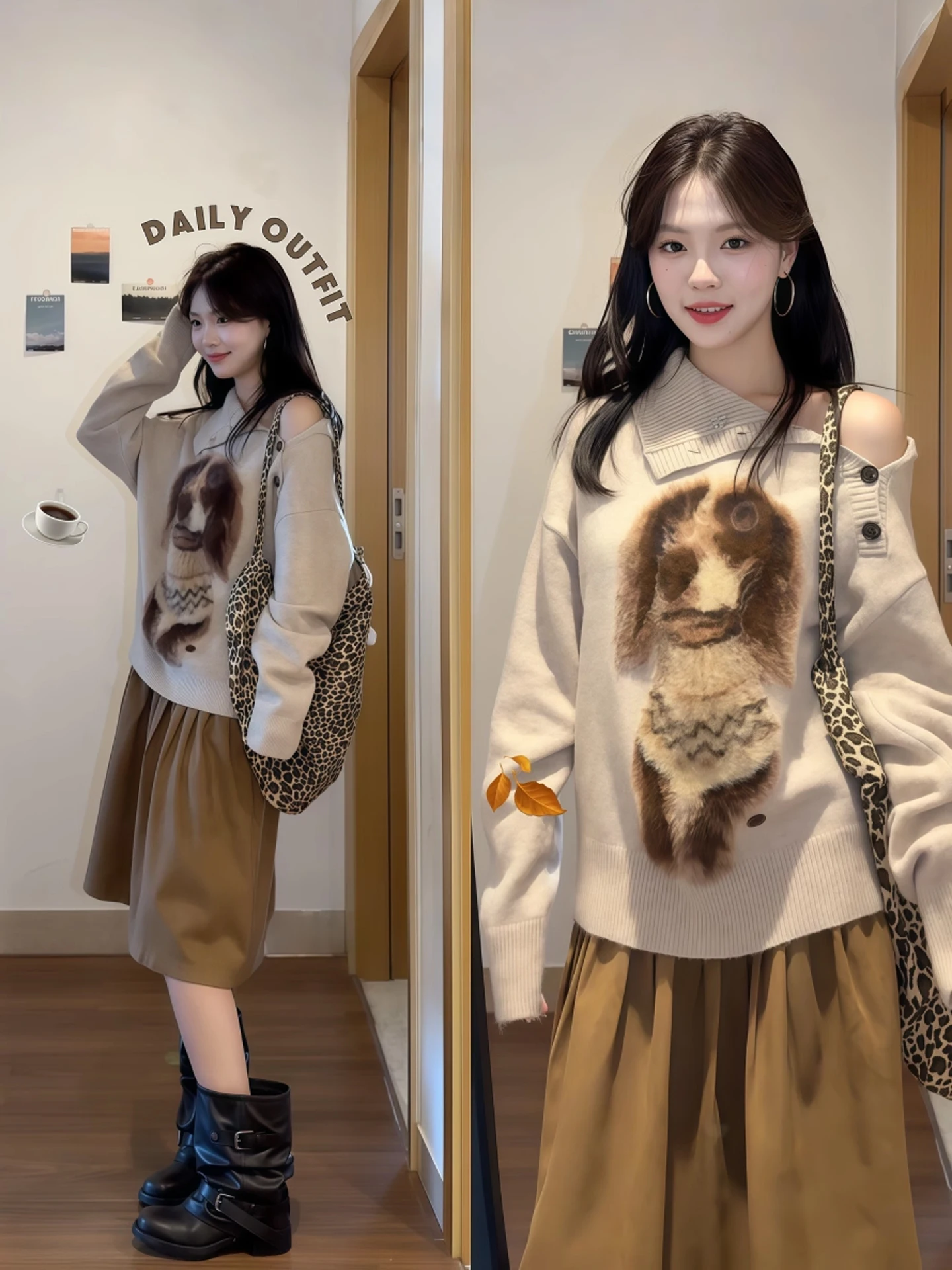 

Soft Sweater Women's Autumn Winter Irregular Collar Button Knitted Loose Lazy Sle Top Small Animal Print Comfortable Cotton