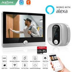 Jeatone-Caméra de sonnette vidéo WiFi intelligente pour la maison, judas, Alexa, Tuya, 1080P, 158 °, écran LCD 4.3 