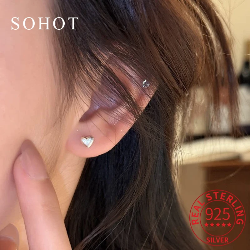 

Real 925 Sterling Silver Mini Cute Brushed Heart Stud Earrings for Women Fine Jewelry Piercing Exquisite Party Accessories