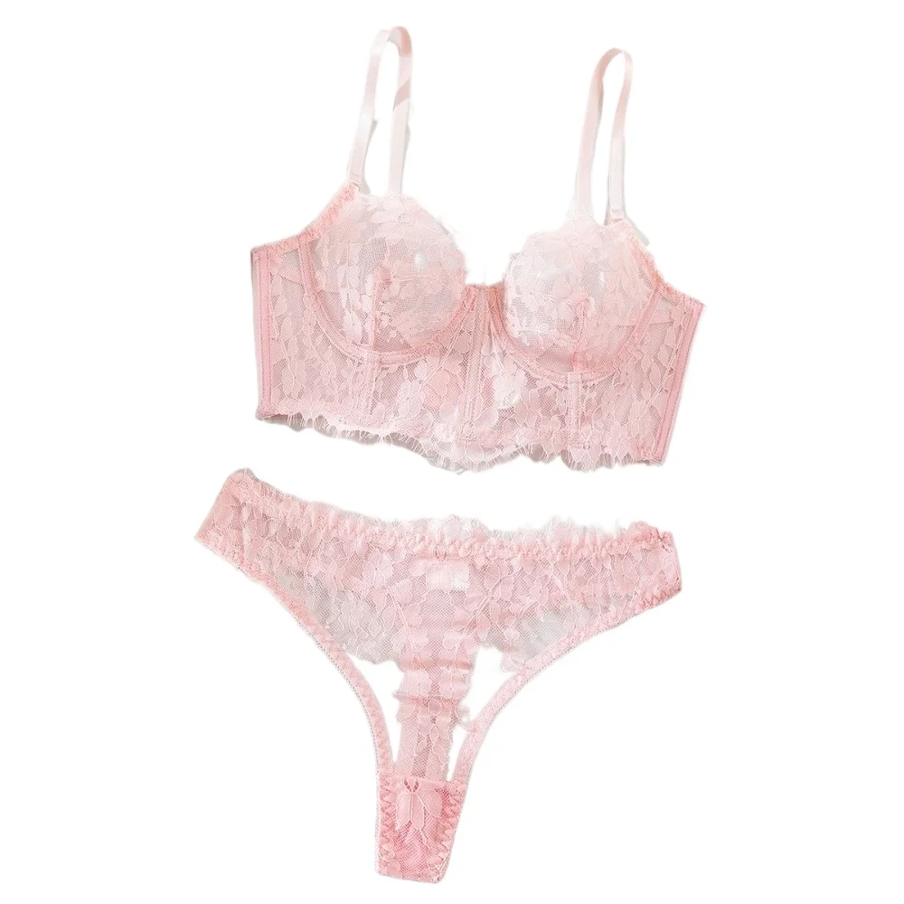 Women's Sexy Ultra Thin Underwear Lace Bralette and Thongs 2 Pcs Lingerie Set Push Up Boned Bralette