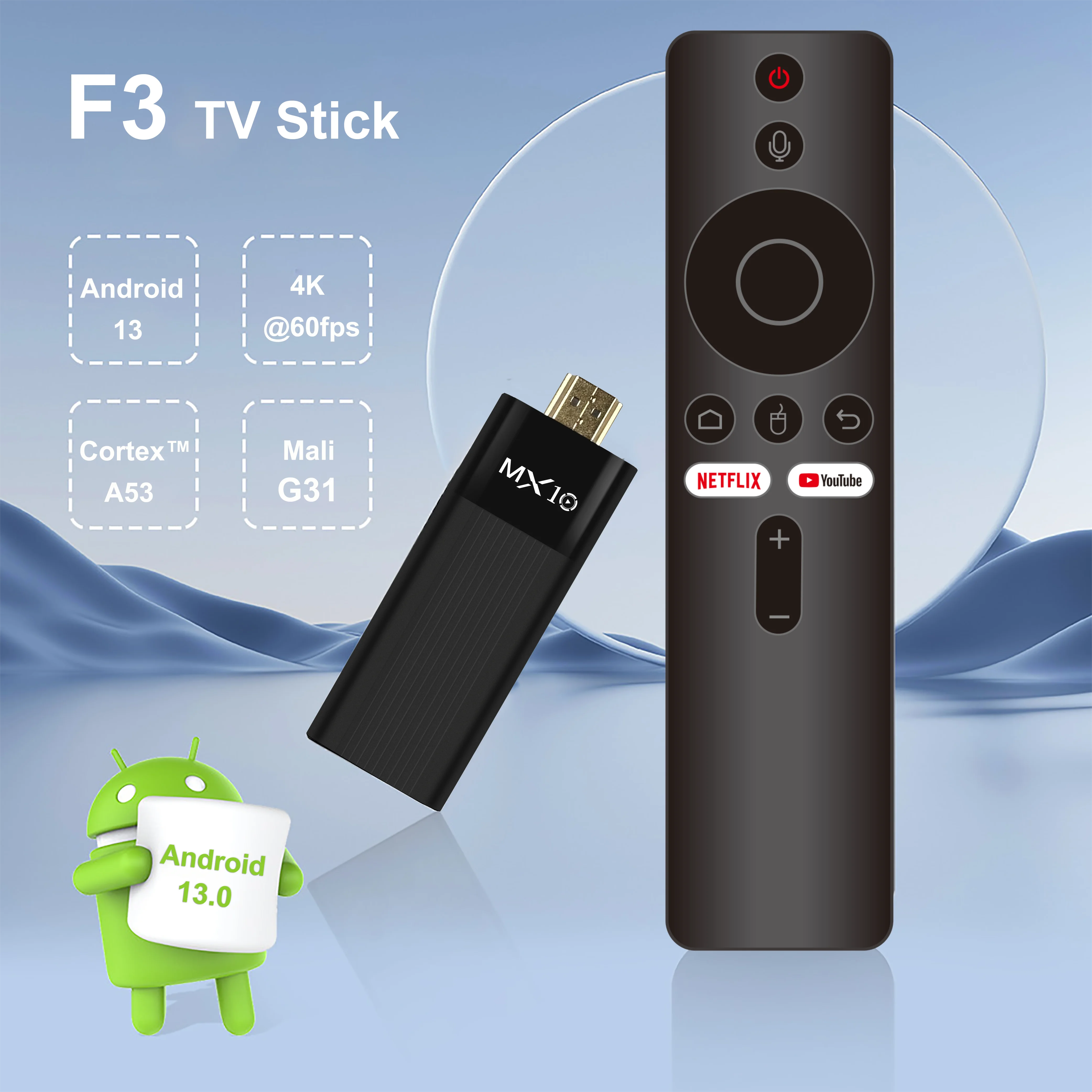 Android TV Box MX10 F3 TV Stick 2GB RAM 16GB Android 13 4K WiFi6 BT5.4 Control Remoto Voz Sound Box