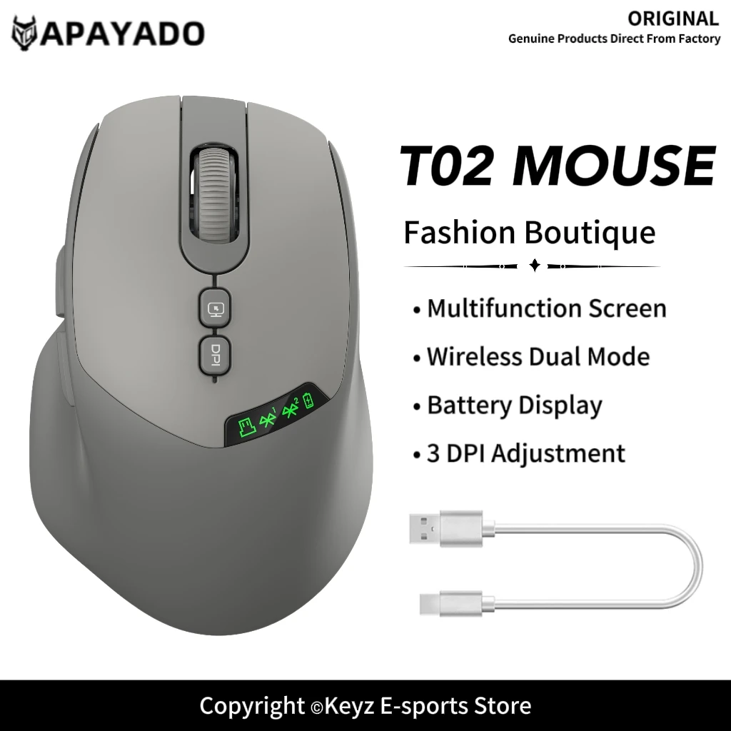 T02 Wireless Mouse Dual Mode Silent Click Type-C Rechargeable 500mAh LED Battery Display DPI Adjustment 6 Button Mouse for PC