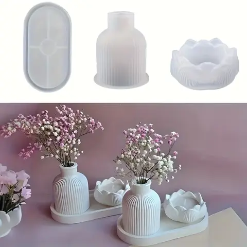 Lotus Striped Vase Tray Silicone Mold Set DIY Epoxy Resin Plaster Mold for Flower Arrangement Aroma Clay Craft Home Decoration