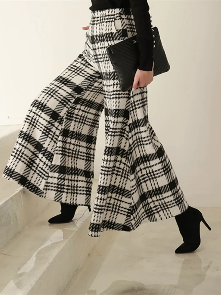 

SMTHMA Korean Style Black White Houndstooth Slim Wide Leg Pants 2024 Autumn Woolen High Waisted Big Leg Pants Flared Pants