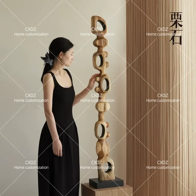 Creative Floor Ornament Wabi Sand Wind Art Solid Wood Sculpture Model House Decor Geometric Art Piece for Home Interior