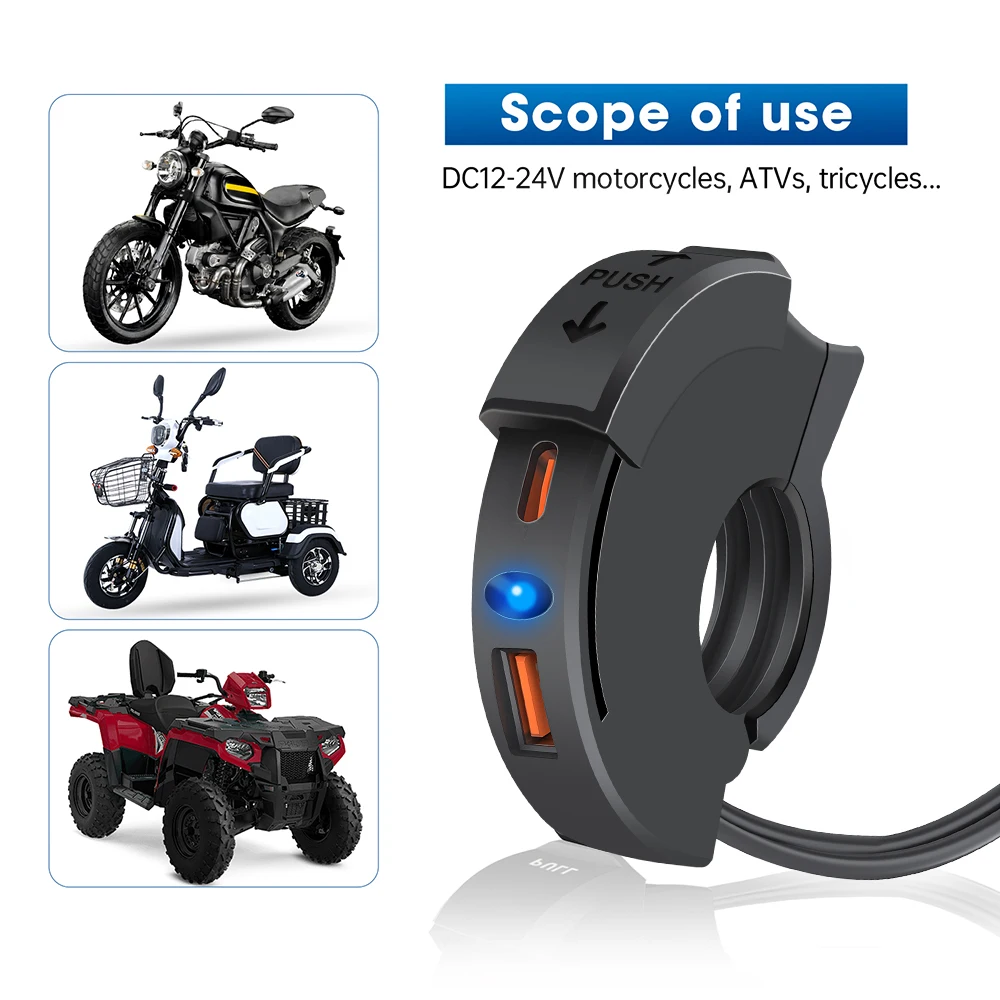 

Motorcycle USB Charger With Indicator QC3.0 Handlebar Fast Charging 12/24V Waterproof Handlebar Mount Mobile Phone Charger