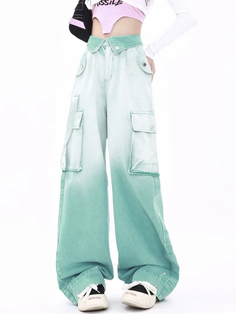 

Woman Harajuku Jeans 2023 European and American Fashion Hot Girl Lapel Design Straight Wide-Leg Denim Pants