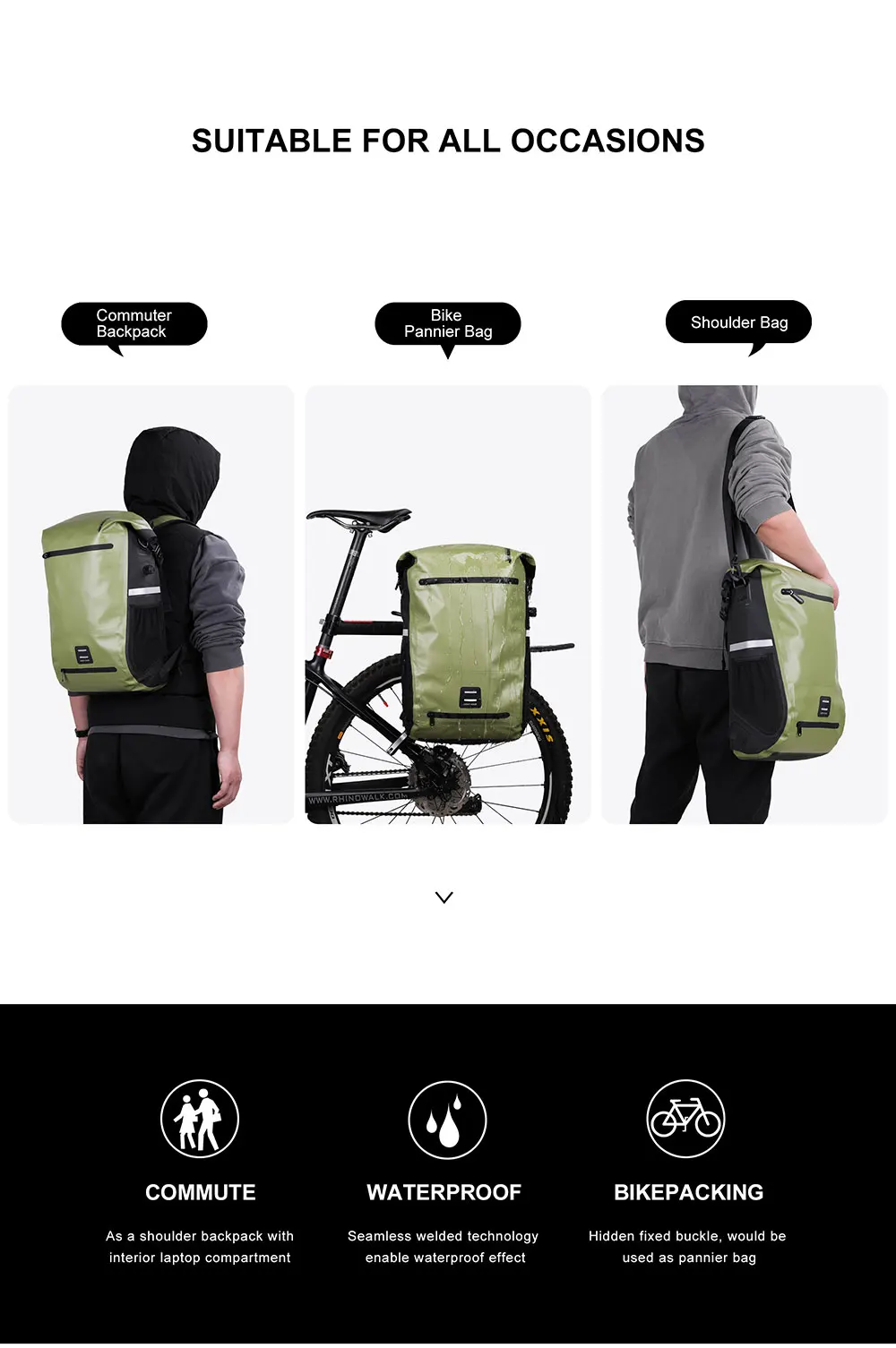 Rhinowalk 22L Wasserdichte Fahrrad Pannier Tasche Tragbare Radfahren Rucksack Fahrrad Hinten Rack MTB Stamm Tasche Pack Gepäck Tragen – Detail 16