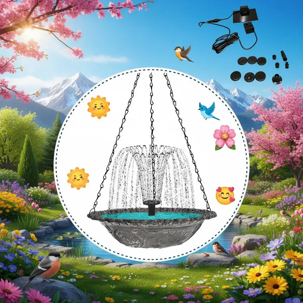 Fuente colgante para baño de pájaros Cascade, alimentada por energía solar, tazón para baño de colibríes, para jardín, suministros para comederos de pájaros, decoración de jardín