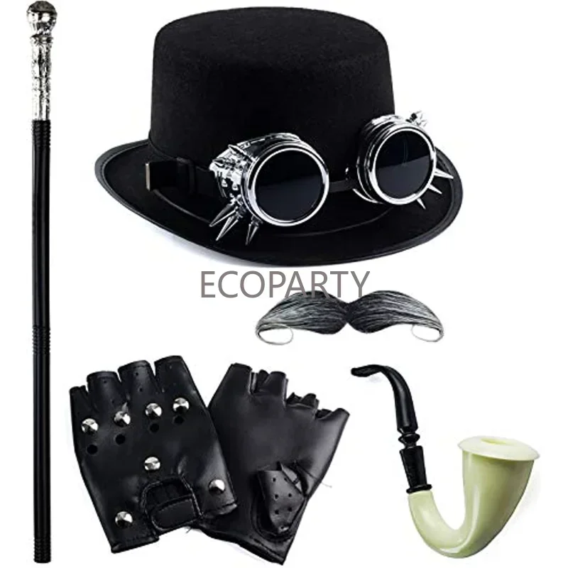 Tigerdoe Steampunk kostiumy na Halloween Steampunk kapelusz z goglami akcesoria Steampunk kostium dżentelmena (6 szt. Zestaw Steampunk)