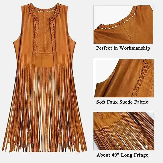 Hippie Costumes Clothes For Women Girls Halloween Cosplay Costume Disco 60s 70s Outfits Female Fringe Hippie Vest Brown Set