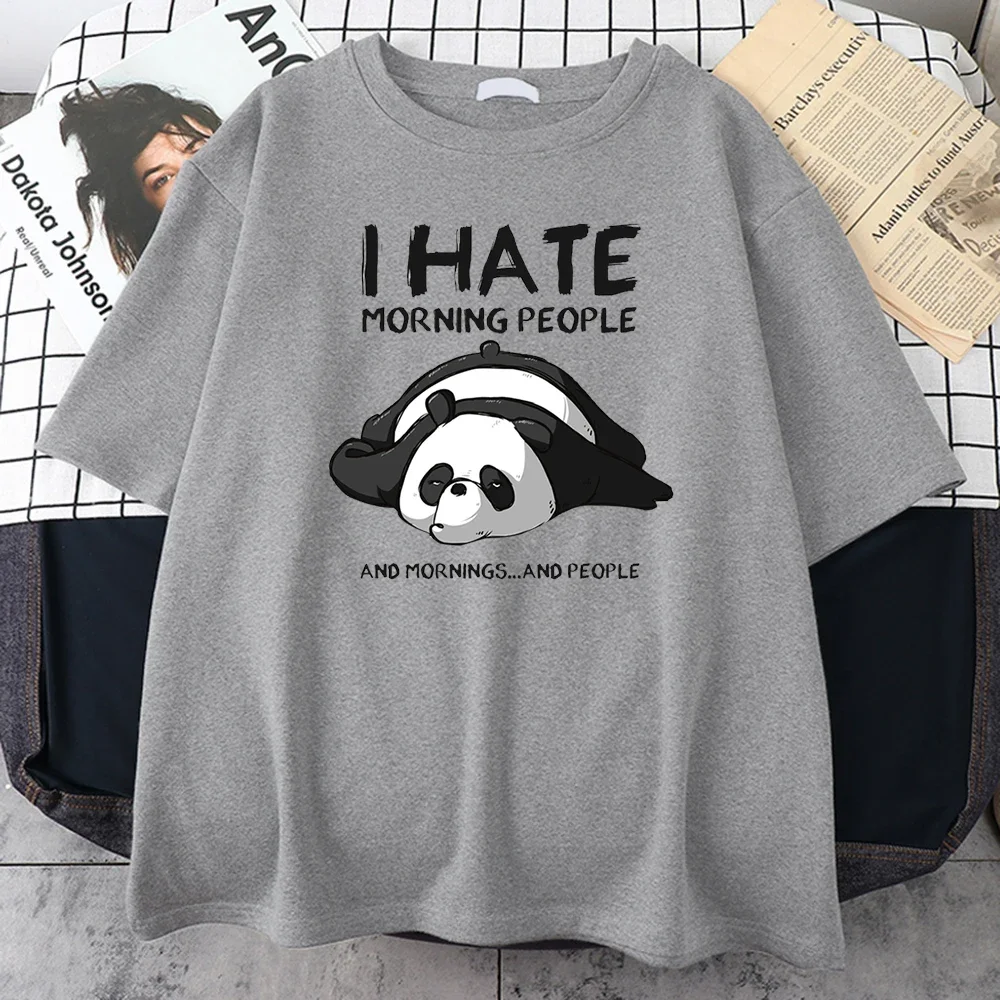 Lazy Panda I Hate Morning People Cartoons Men Clothing Casual All-math Cotton T-Shirts Oversize Breathable Mans Short Sleeve