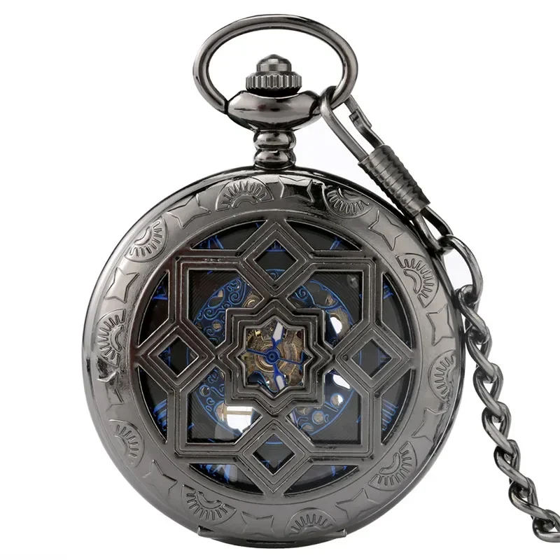 Vintage Style Hollow Rhombus Case Hand Winding Mechanical Pocket Watch for Men Women Skeleton Dial Fob Chain Antique Timepiece