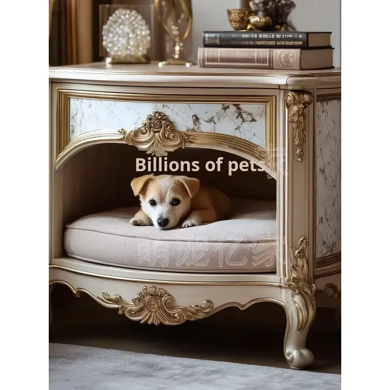 for Custom American Vintage Carved Wood Nightstand with Dog House Design Human Pet Shared Furniture Cat Nest Side Table