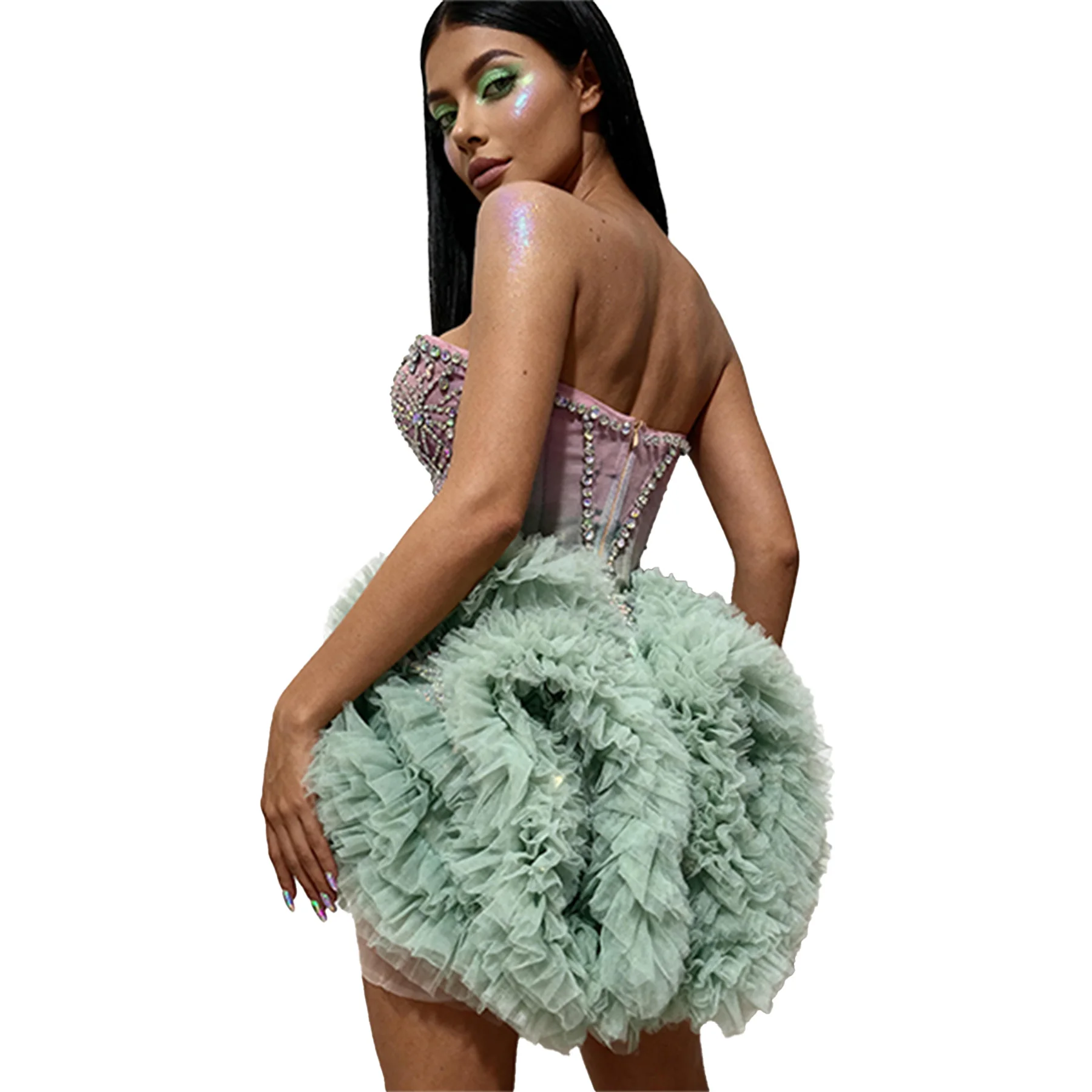 

Jiemo Luxury Women Party Dress Sparkling Colored Diamond Strapless Puffy Dress Wedding Party Dress Birthday Cocktail Prom Gowns