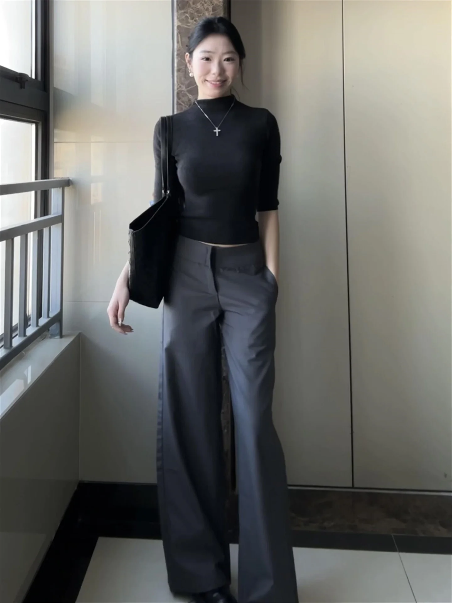

Женские серые брюки-палаццо для высоких женщин, удлиненные, повседневные, с высокой талией, свободного кроя, с эффектом стройности, драпированные, весенние, повседневные