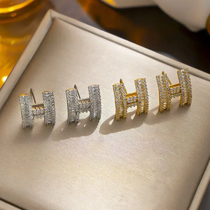 Pendientes coreanos de circonita con letra H para mujer, aretes con diseño femenino de alta calidad, joyería ligera de lujo, regalos
