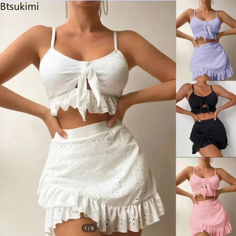 Conjunto de Bikini blanco de 3 piezas para mujer, traje de baño con cuello Halter, falda de realce con volantes, cintura alta, 2024