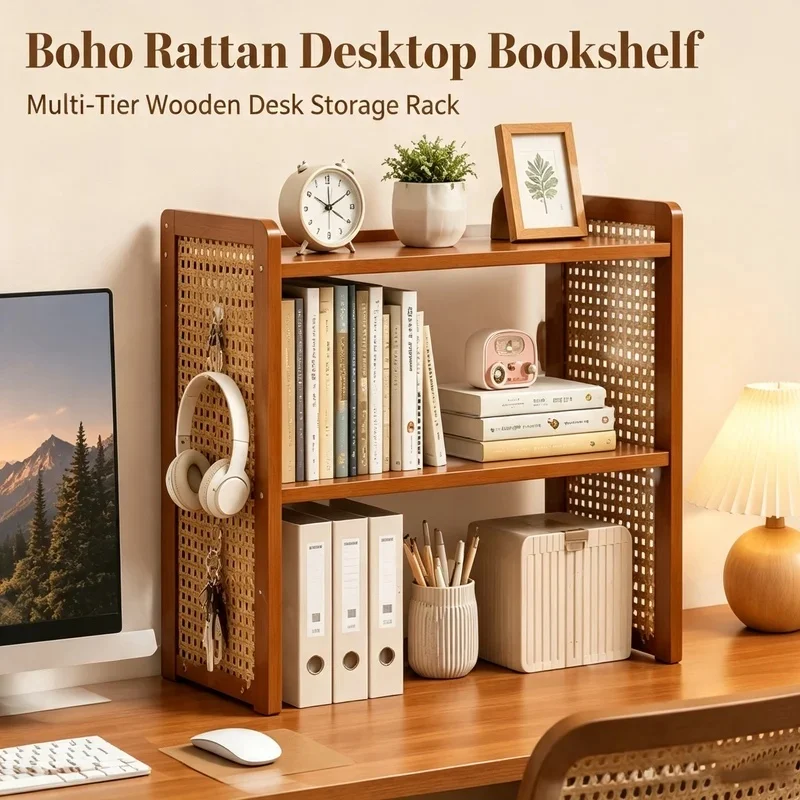 Multi-Height Desktop Bookshelf Boho Rattan Pegboard Wooden Tabletop Storage Display Shelf Home Office Decor