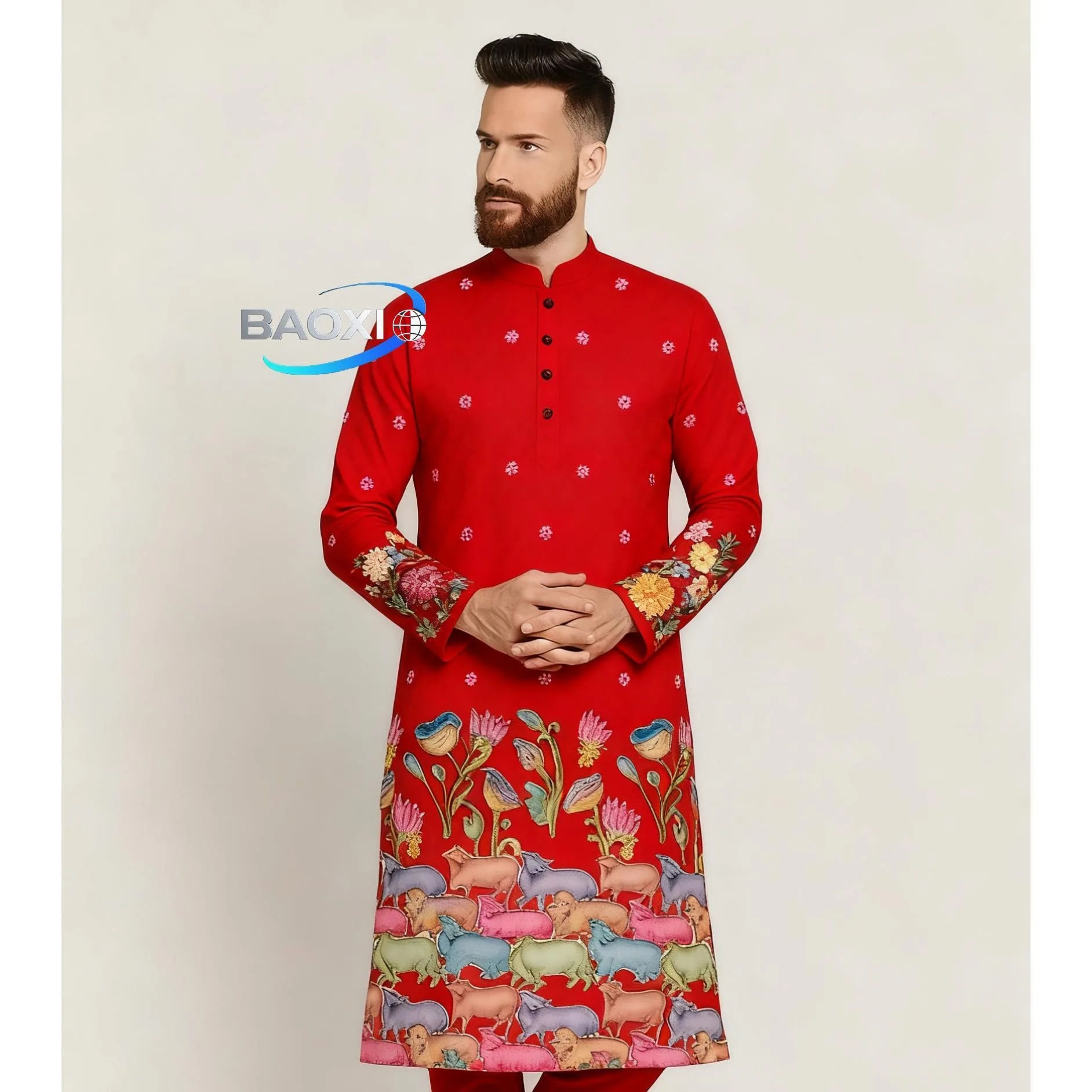 Men's Islamic Arabic Abaya Robe Ethnic Print Stand Collar Youth Mid-length Shirt Luxury Coat Casual Morocco Tenue Arabe Homme