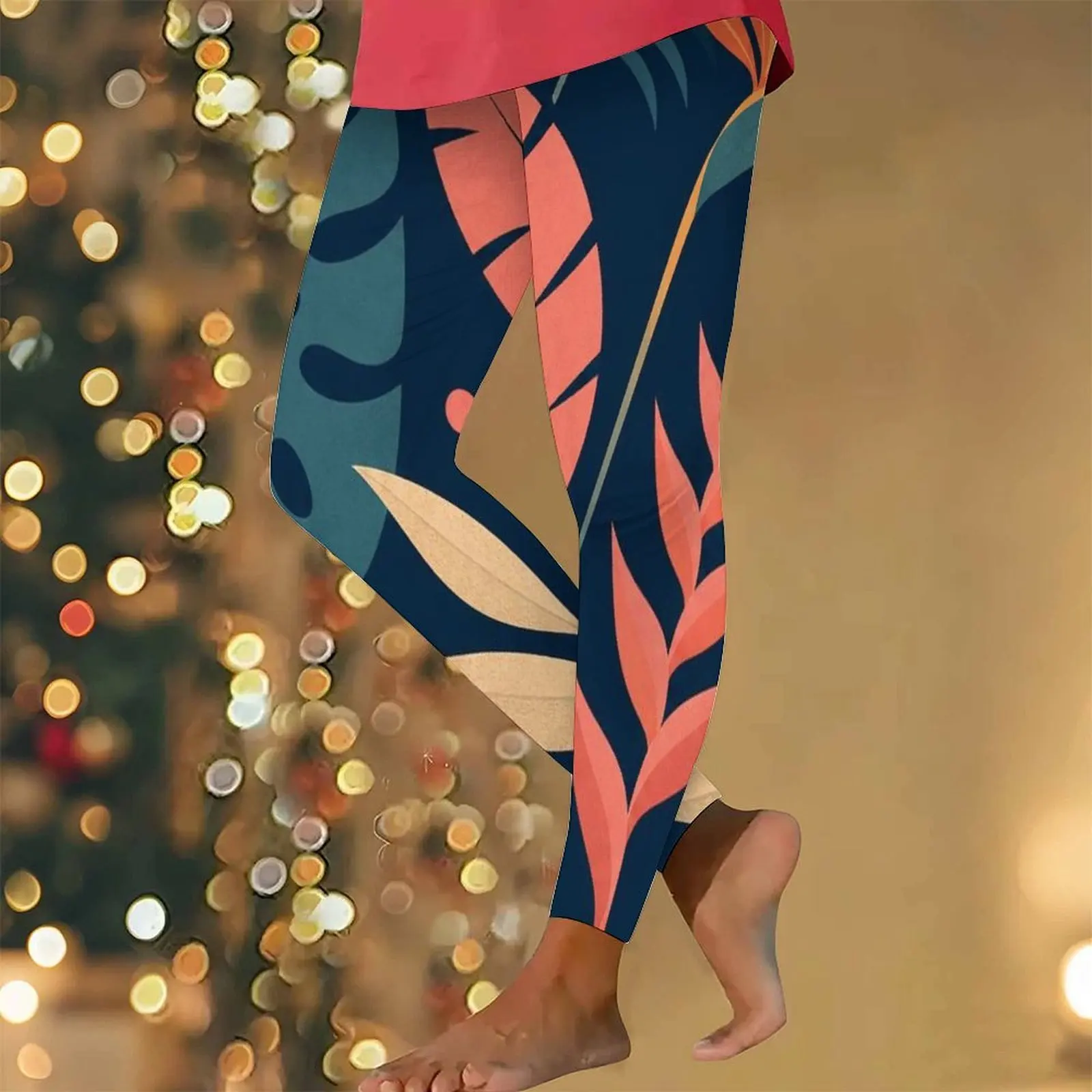 Women High Waist Full Length Fitted Printed Tropical Leaf Leggings