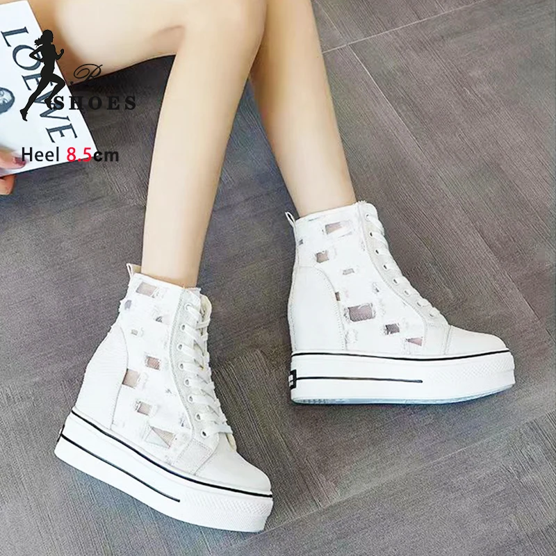 Women's Thick Sole Sneakers Summer Autumn White Lace-up Casual Shoes 2024 Female Increase Height Breathable Mesh Canvas Shoes image 3