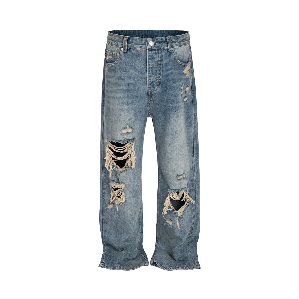 High Street Ripped Frayed Wide Leg Hole Blue Jeans for Men and Women Straight Casual Loose Baggy Denim Trousers Distressed Cargo