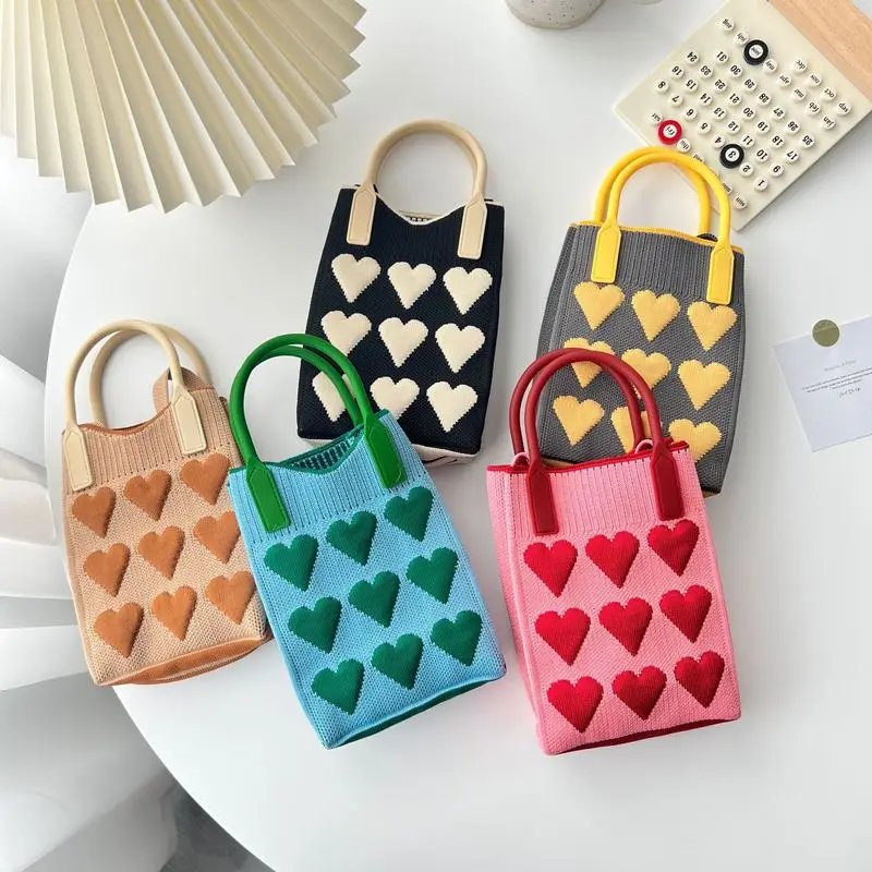 Fashion Heart Knitted Mini Square Handbag For Women Small Mobile Phone Shoulder Bags Girls Outdoor Crossbody Bags