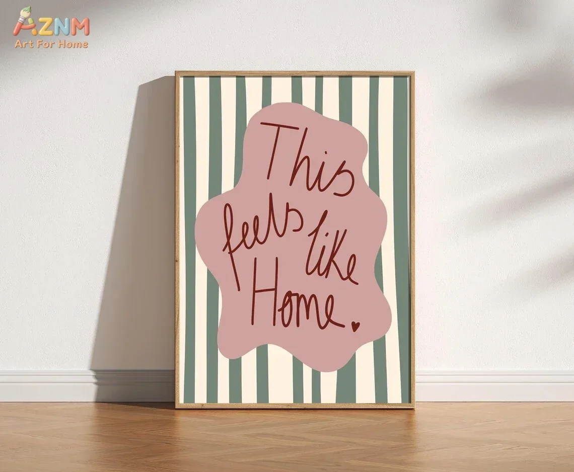 AZNM This Feels Like Home Quote Canvas Wall Art, Sage Green Striped Blush Wavy Shape Print, Trendy Boho Text Poster for Living R