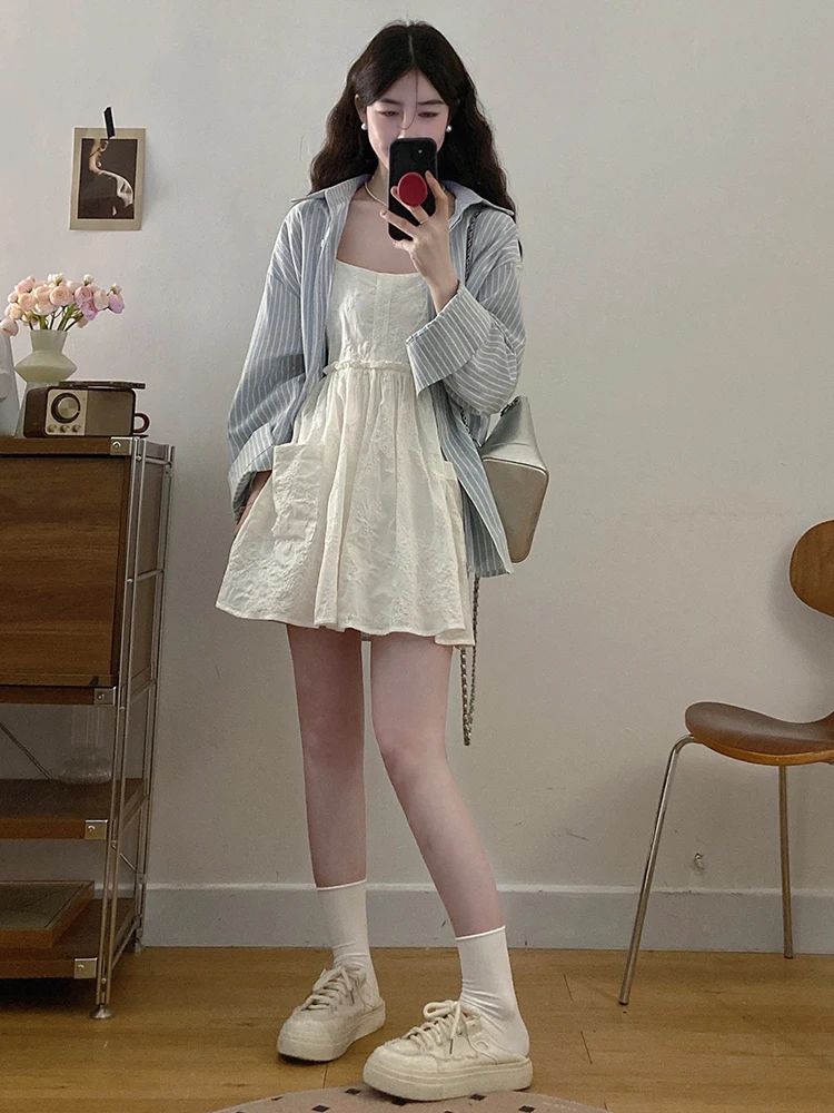 

Женский модный комплект из двух предметов больших размеров: полосатая солнцезащитная рубашка с длинным рукавом и юбка с высокой талией