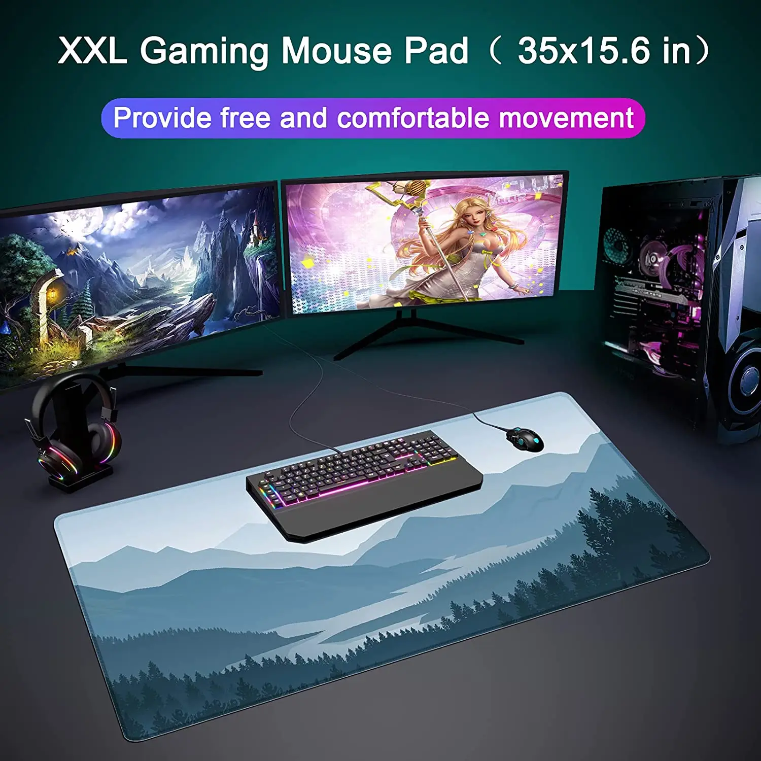 Vector Mountain Desk Mat Large Mouse Pad Extended Gaming Mouse Mat with Non-Slip Base Stitched Eges Mousepad for Computer Laptop