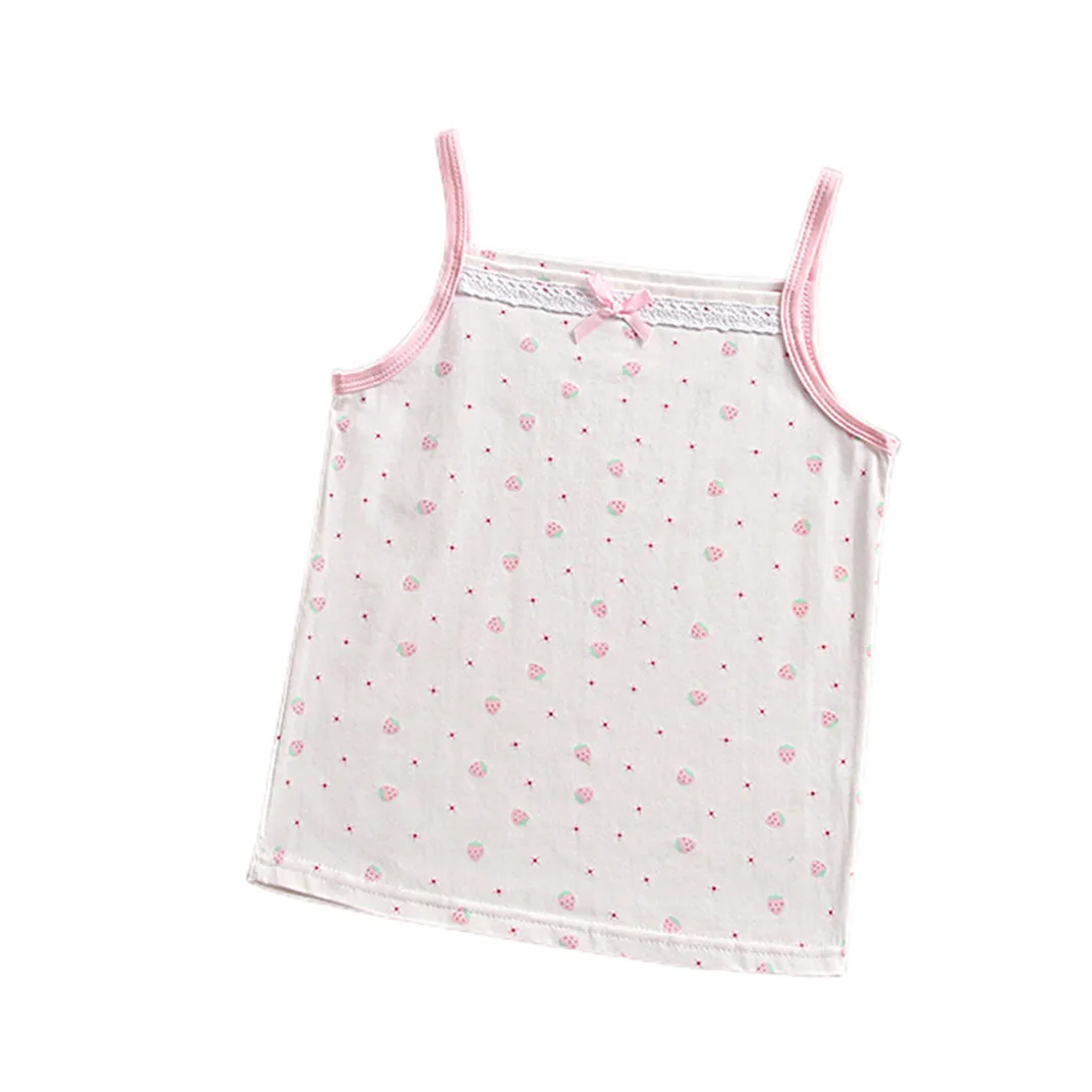 1pcs Kids Cotton Singlet Underwear Tank Floral Strawberry Prints Undershirts Breathable Tank Bow Tops  Size 100-150